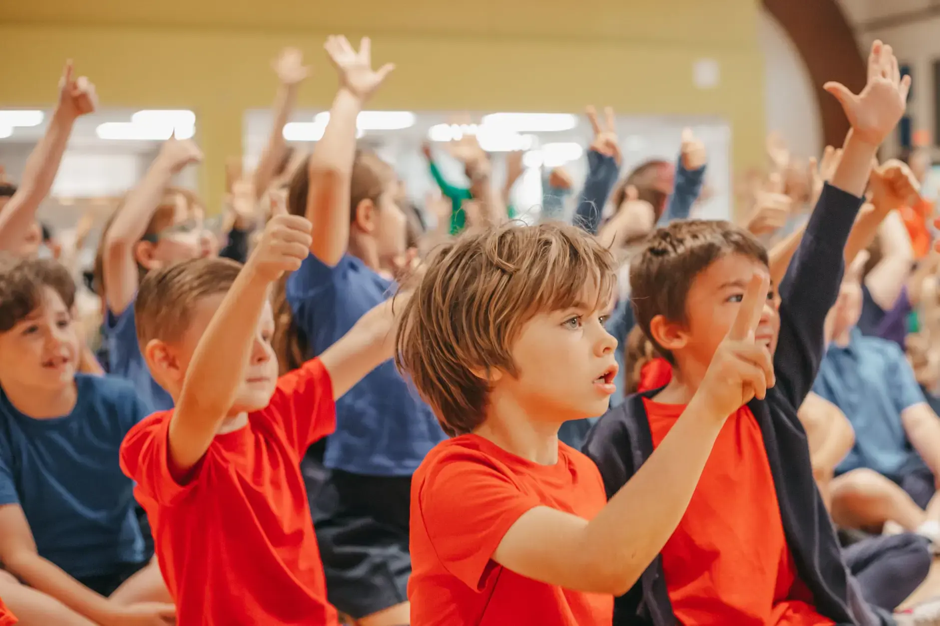 Group of students raising their hands