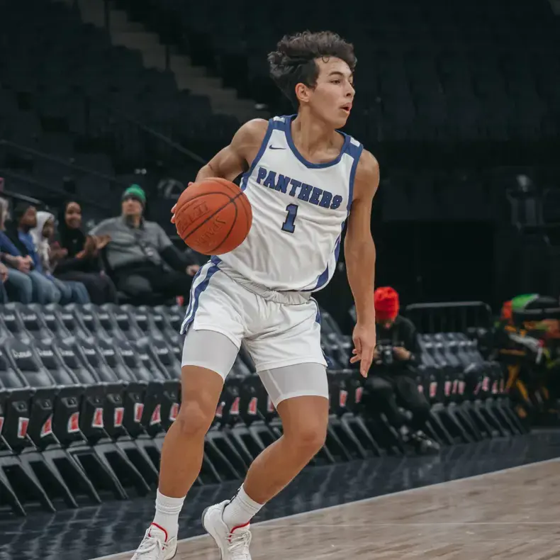 Student dribbling the basketball during a game