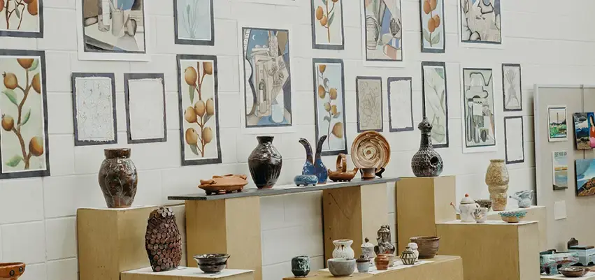 Student artwork displayed in the school gallery