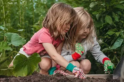 Two students gardening together in an outdoor learning space.